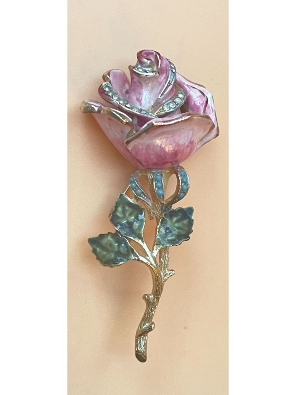 Vtg Signed Coro Enamel Rose Brooch Pink Floral Pin With Rhinestones & Gold-Tone